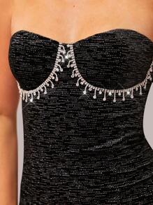 Hauture Rhinestone Trim Glitter Tube Dress - Black - View 4