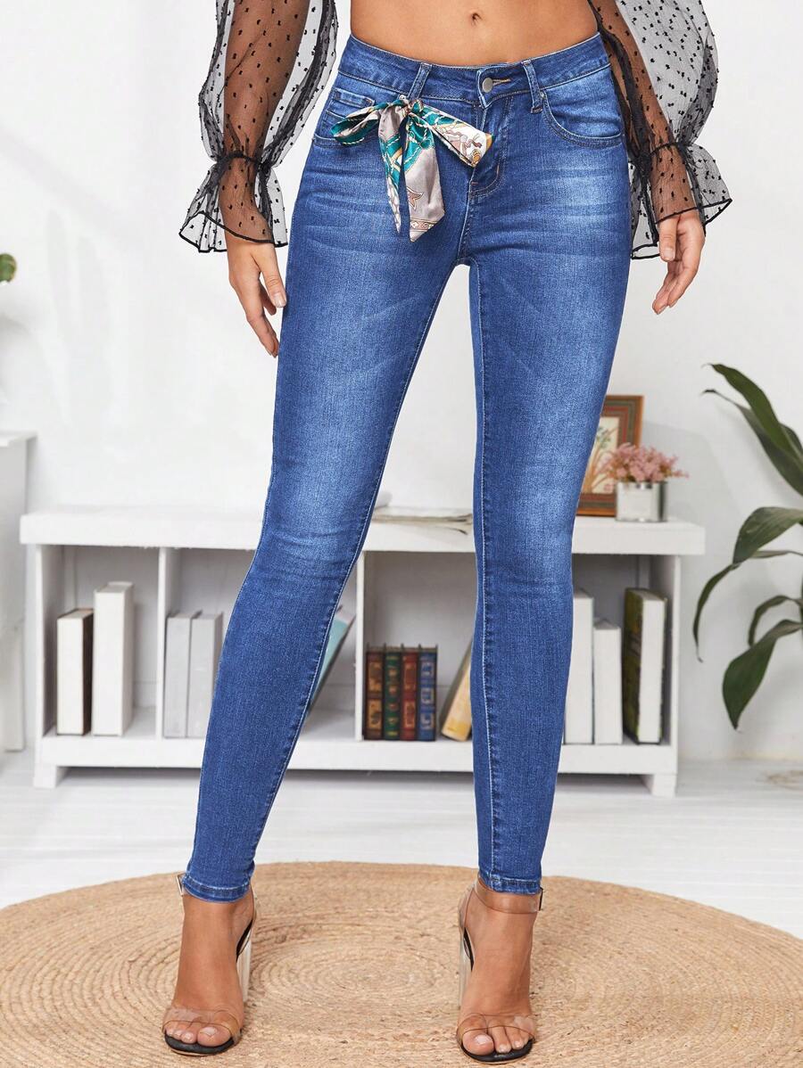 EURMUSE Distressed Detailing Stonewashed Tight Fitted Jeans - Medium Wash - View 1