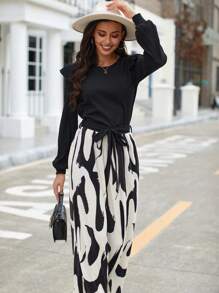 SHEIN Clasi Ruffle Trim Top & Graphic Print Belted Pants - Black and White - View 5