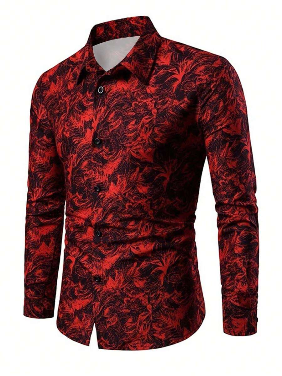 Men Plus Allover Print Shirt - Red - View 1