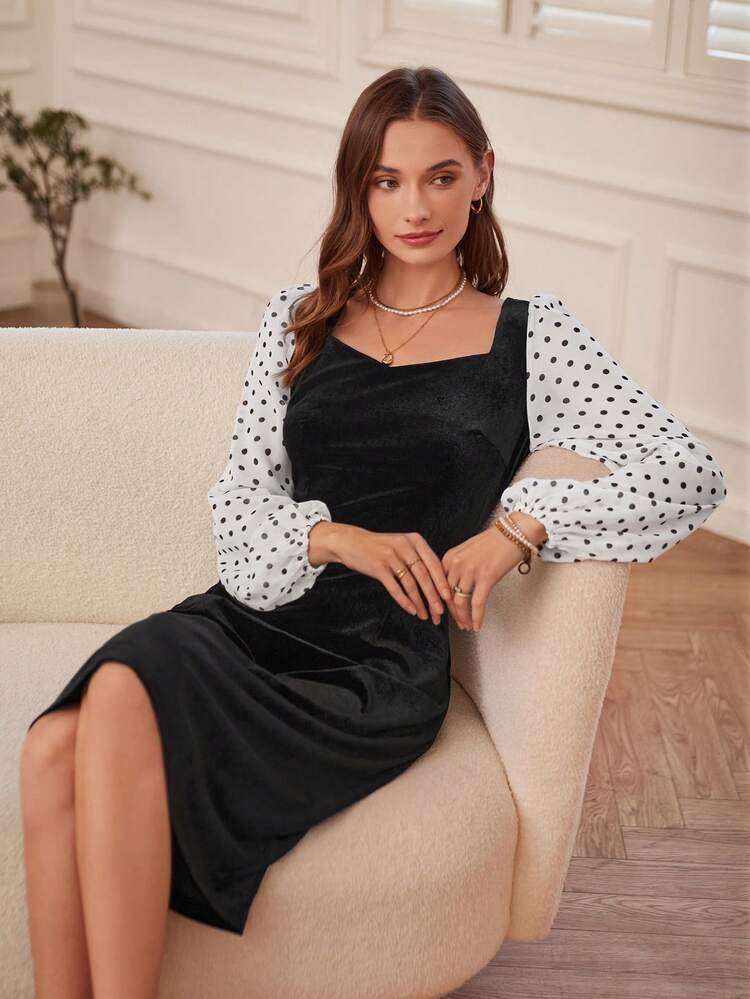 Polka Dot Print Lantern Sleeve Velvet Dress Fall Cloth For Women