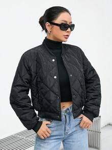 SHEIN Essnce Casual Plain Color Short Padded Padded Coat, Winter Clothes - Black - View 6