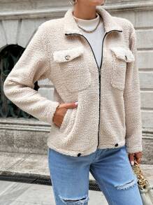 EURMUSE Flap Pocket Zipper Teddy Coat - Beige - View 5