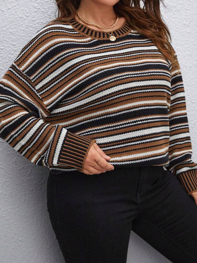 SHEIN CURVE+ Talla grande Jersey con patrón de rayas de hombros caídos - Multicolor - Añade 5