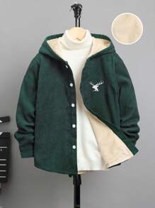 SHEIN Tween Boy 1 件麋鹿印花保暖襯裡連帽保暖襯裡燈芯絨聖誕襯衫 - 綠色 - 查看 1