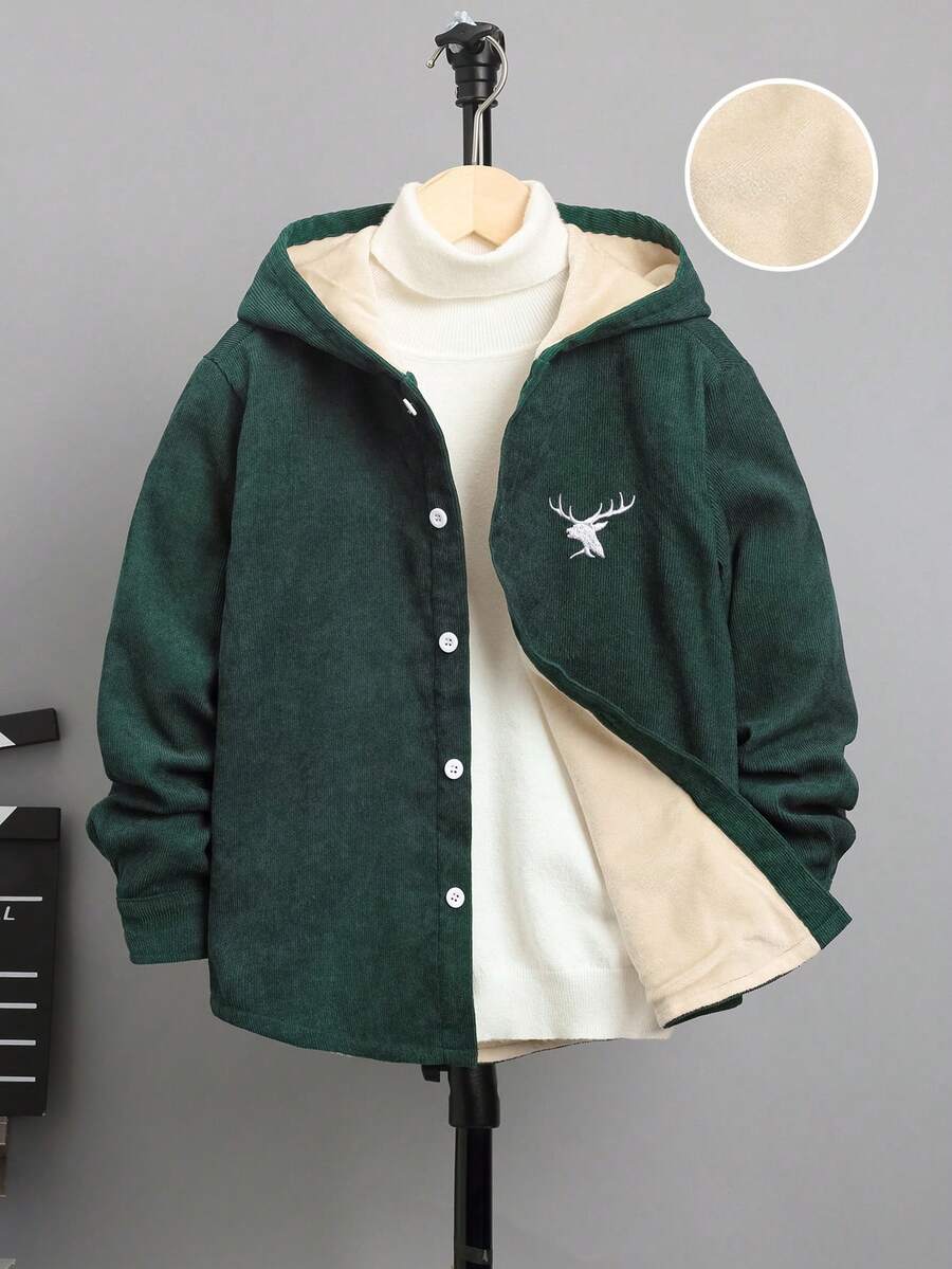 SHEIN Tween Boy 1 件麋鹿印花保暖襯裡連帽保暖襯裡燈芯絨聖誕襯衫 - 綠色 - 查看 1