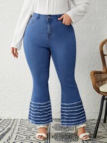 SHEIN LUNE 大碼條紋印花牛仔喇叭褲 - 藍色 - 查看 1