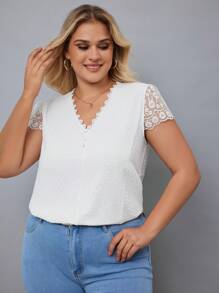 RueChic Plus Swiss Dot Contrast Lace Blouse - White - View 1