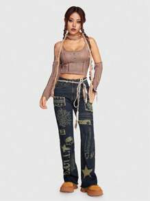 ROMWE Grunge Punk Solid Ripped Crop Cami Knit Top With Arm Sleeves - Khaki - View 6