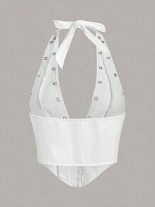 SHEIN ICON 钩眼露背挂脖白色上衣 - 白色 - 查看 9