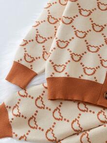 Young Boy Allover Pattern Contrast Trim Button Detail Cardigan & Knit Pants - Apricot - View 8