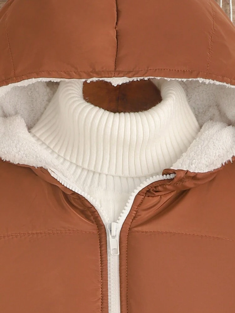 Tween Girl 1pc Contrast Binding Hooded Thermal Lined Belted Padded Coat