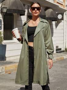 SHEIN Cottnline Drop Shoulder Double Breasted Belted Trench Coat - Khaki - View 4