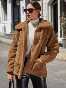 EURMUSE Dual Pocket Drop Shoulder Teddy Coat - Khaki - View 3