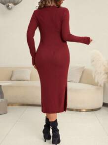 SHEIN Maternity Solid Split Thigh Nursing Dress - Burgundy - View 2