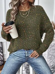 SHEIN LUNE Suéter de hombros caídos de punto de palomitas de maíz - Verde Oscuro - Ver 1