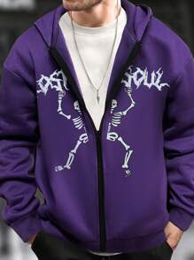 Manfinity EMRG 男士骷髅圖案拉鏈開襟加絨內裏連帽衫不帶T恤 - 紫色 - 查看 1