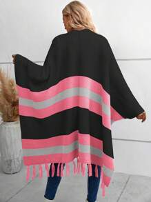 SHEIN LUNE Khối màu Fringe Hem tay cánh Áo len Mở - Nhiều màu - Xem 2