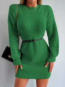 EURMUSE Drop Shoulder Ribbed Knit Sweater Dress Without Belt - Dark Green - View 3