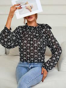 Aveloria 通體印花荷葉邊燈籠袖襯衫 - 黑與白 - 查看 5