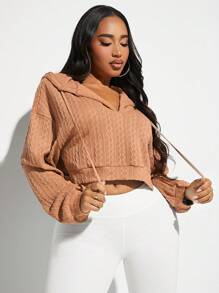 SHEIN SXY Ombro Caído Cordão Capuz Crop - Marrom Claro - Ver 3