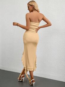 SHEIN Privé Ruffle Trim Tube Bodycon Dress - Khaki - View 2