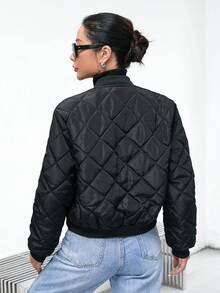 SHEIN Essnce Casual Plain Color Short Padded Padded Coat, Winter Clothes - Black - View 2