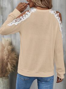 SHEIN LUNE Guipure Lace Appliques Cold Shoulder Sweatshirt - Apricot - View 2