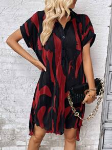 SHEIN LUNE Graphic Print Batwing Sleeve High Low Hem Shirt Dress - Rose Red - View 1