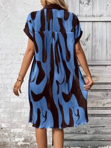 SHEIN LUNE 圖案印花蝙蝠袖高低下擺襯衫洋裝 - 寶藍色 - 查看 2