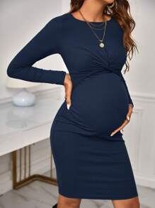 SHEIN Maternity Twist Front Rib-Knit Bodycon Dress With Long Sleeve - Navy Blue - View 4