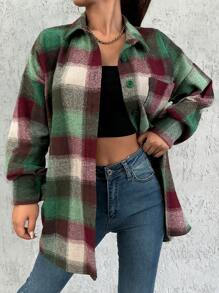RueChic Plaid Print Drop Shoulder Coat - Multicolor - View 1