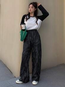 FRIFUL Marble Print Wide Leg Pants Fall,Winter - Dark Grey - View 4