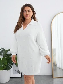 SHEIN Clasi Plus Pearls Beaded Drop Shoulder Sweater Dress - White - View 4