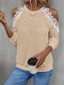 SHEIN LUNE Guipure Lace Appliques Cold Shoulder Sweatshirt - Apricot - View 6