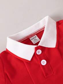 SHEIN Baby Girls Striped Trim Polo Neck Fold Pleated Detail Dress - Red - View 3