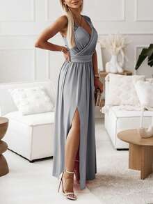 Solid Split Thigh Wrap Detail Split Thigh Dress - Grey - View 5