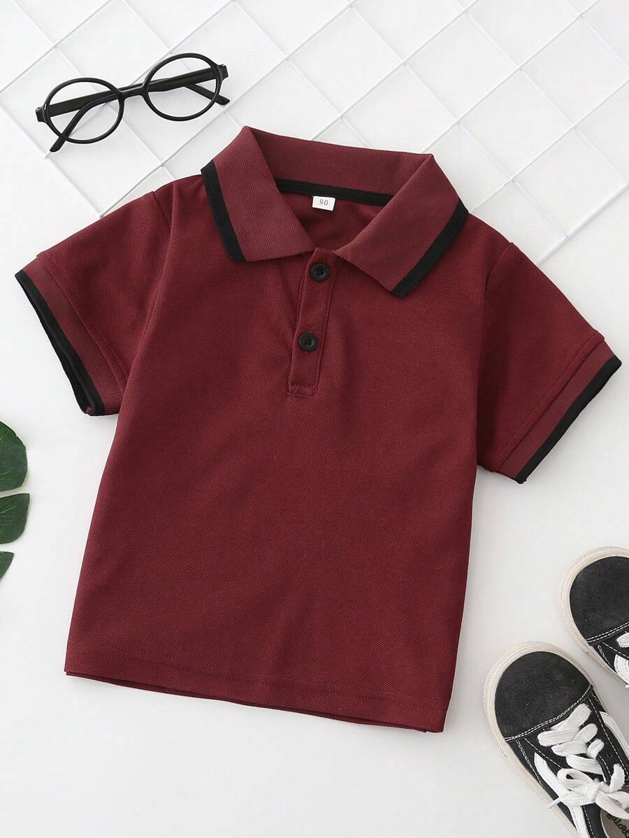 SHEIN Young Boy Contrast Trim Polo Shirt - Burgundy - View 1