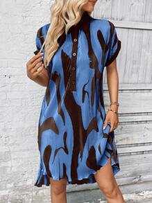 SHEIN LUNE 圖案印花蝙蝠袖高低下擺襯衫洋裝 - 寶藍色 - 查看 4