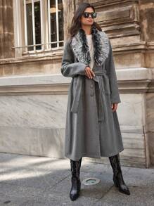 RueChic Plus Borg Collar Dual Pocket Belted Overcoat - Dark Grey - View 4
