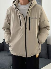 DAZY Men Letter Graphic Zip Up Hooded Padded Coat,Fall Clothes Jacket - Khaki - View 8