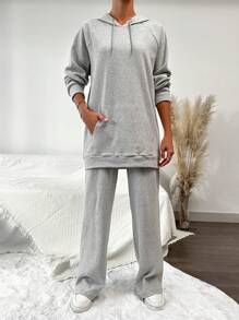 EURMUSE Drop Shoulder Drawstring Hoodie & Pants - Grey - View 3
