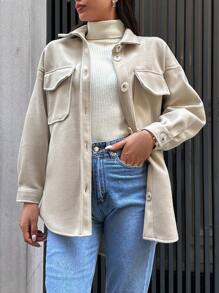 EURMUSE Flap Pocket Drop Shoulder Overcoat - Apricot - View 5