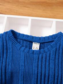 SHEIN Baby Girl Solid Color Long Sleeve Girl Casual Drop Shoulder And Double Needle Hem Knit T-Shirt - Royal Blue - View 3