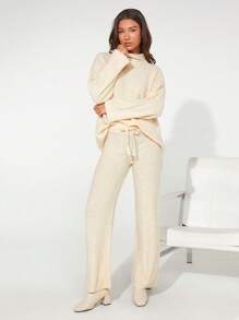 SHEIN BASICS Drawstring Waist Wide Leg Knit Pants - Apricot - View 5