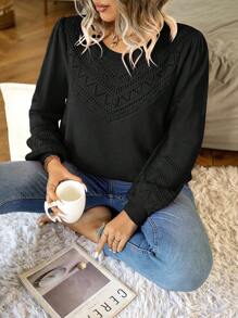 Easura Plus Pointelle Knit Lantern Sleeve Sweater, For Winter Knit Pullover Fall Sweater - Black - View 1