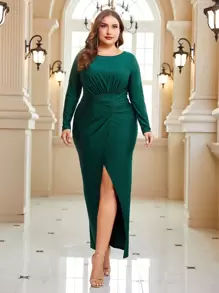 SHEIN Belle 大碼前收褶高衩洋裝 - 水鴨藍 - 查看 4