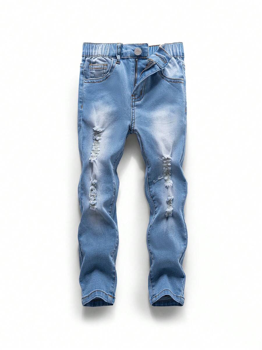男小童破洞斜口袋破洞牛仔褲 - 淺色水洗藍 - 查看 1