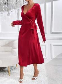 Zolique 純色裹身結側天鵝絨洋裝 - 酒紅色 - 查看 3