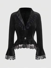 ROMWE Goth Contrast Lace Flare Sleeve Ruffle Hem Velvet Blazer - Black - View 2